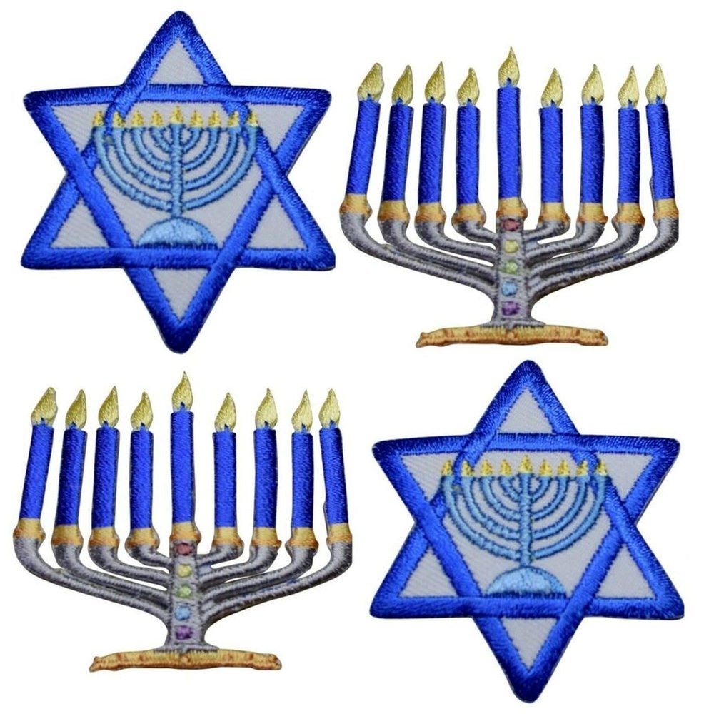 Hanukkah Applique Patch Set - Star of David, Menorah, Jewish (4-Pack, Iron On) Embroidered Iron on Patch Sew On for Clothing Applique for Jackets, Hats, Backpacks Repair Patches for Craft