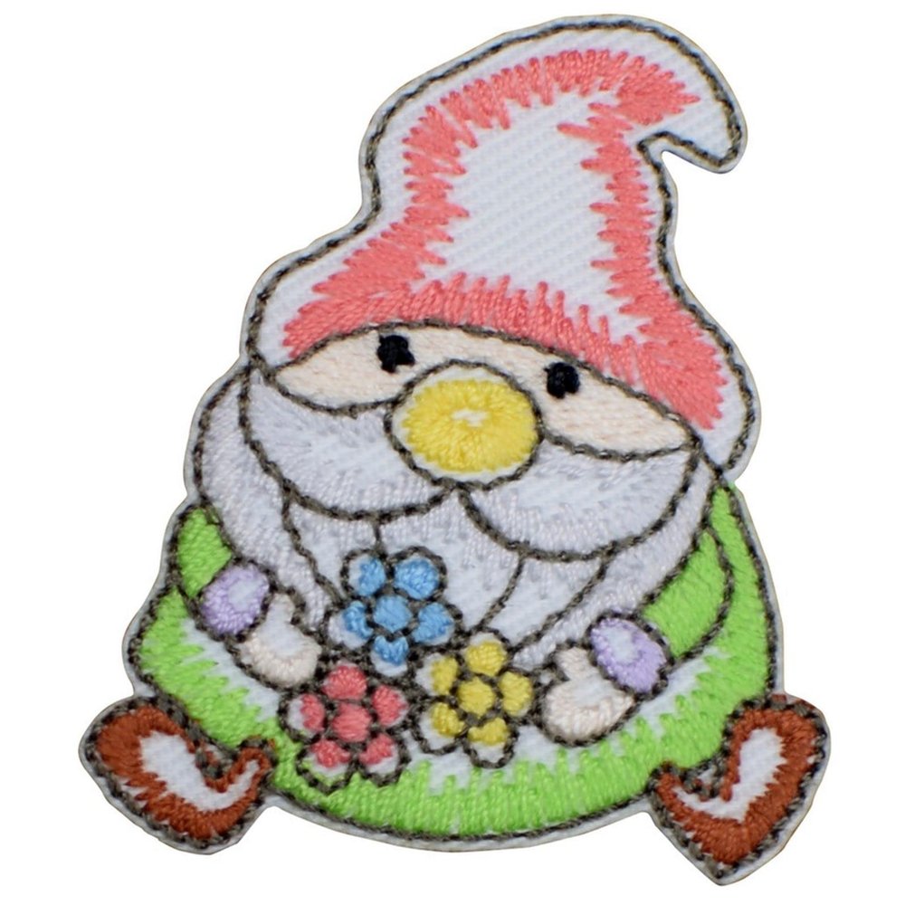 Gnome Applique Patch - Garden Gnome Collection, Flowers 2" (Iron On) Embroidered Iron on Patch Sew On for Clothing Applique for Jackets, Hats, Backpacks Repair Patches for Craft