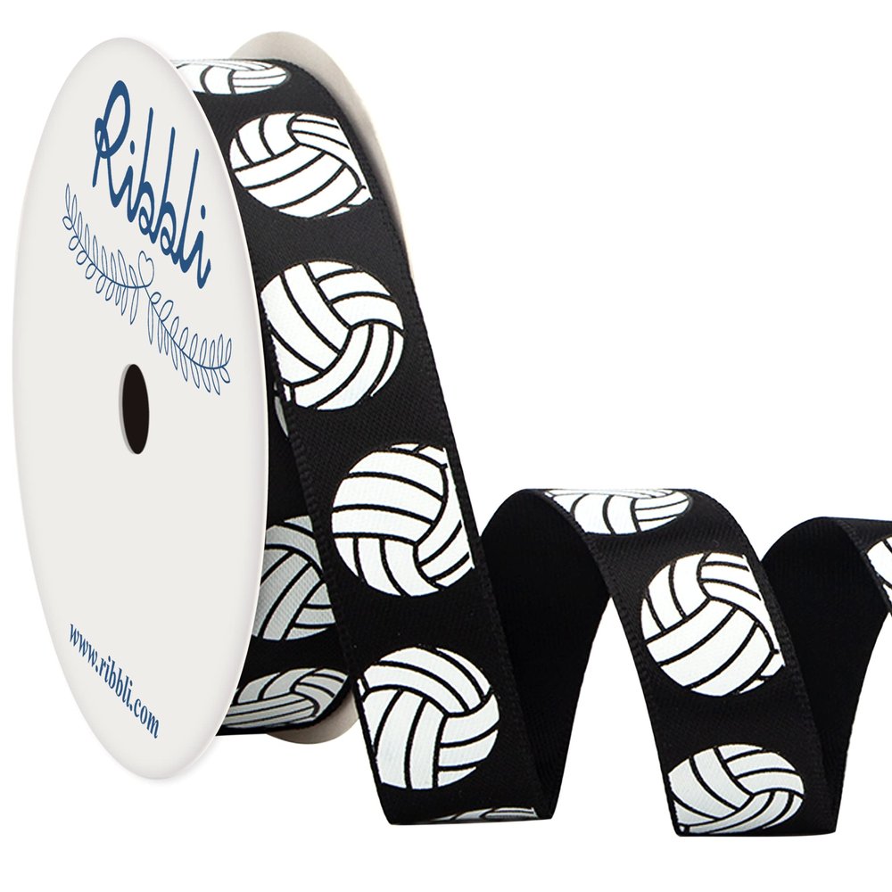 Ribbli Satin Volleyball Ribbon,5/8-Inch x 10-Yard,Black Volleyball Ribbon Use for Team Hair Bows,Wreath,Sport Lanyards,Gift Wrapping,Party Decoration,All Crafting and Sewing