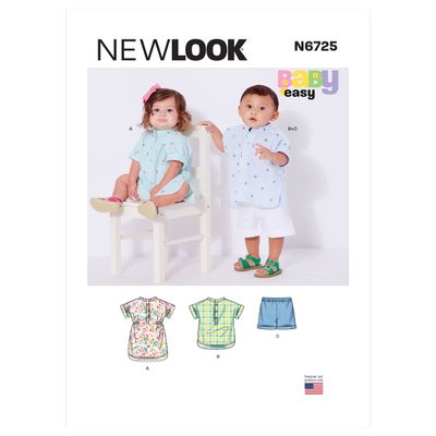 New Look UN6725A Easy to Sew Babies' Dress, Shorts, and Pull-Over Top Sewing Pattern Kit, Code N6725, Sizes NB-S-M-L