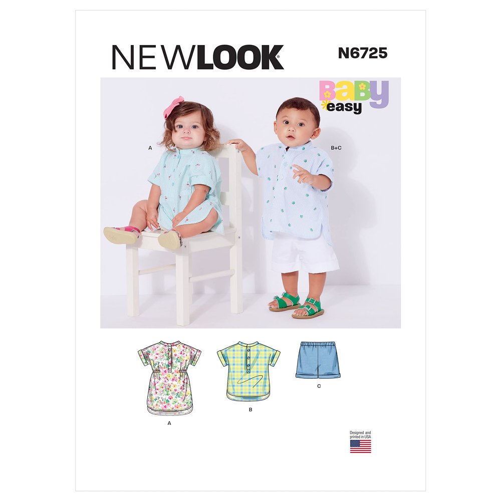 New Look UN6725A Easy to Sew Babies' Dress, Shorts, and Pull-Over Top Sewing Pattern Kit, Code N6725, Sizes NB-S-M-L