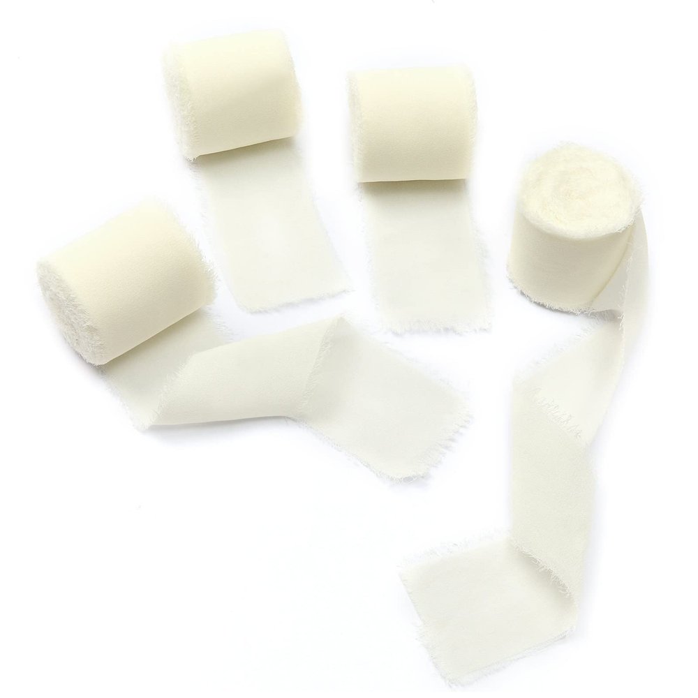 4 Rolls Cream White Handmade Fringe Chiffon Silk Ribbon 1.5" W x 5Yd Per Roll,Frayed Edges Ribbon Set for Gifts Wrapping,Wedding Invitations,Bouquets,DIY Crafts (1.5" x20Yd, Cream White)