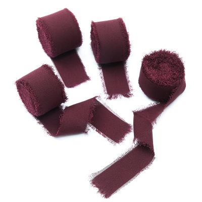 4 Rolls Burgundy Handmade Fringe Chiffon Silk Ribbon 1" W x 5Yd Per Roll,Frayed Edges Ribbon Set for Gifts Wrapping,Wedding Invitations,Bouquets,DIY Crafts (1" x20Yd, Burgundy)