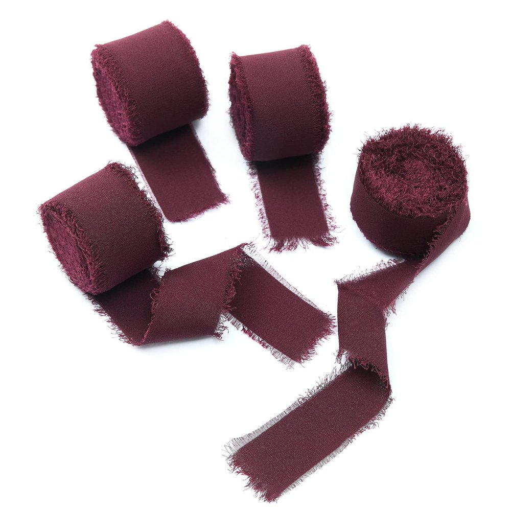 4 Rolls Burgundy Handmade Fringe Chiffon Silk Ribbon 1" W x 5Yd Per Roll,Frayed Edges Ribbon Set for Gifts Wrapping,Wedding Invitations,Bouquets,DIY Crafts (1" x20Yd, Burgundy)