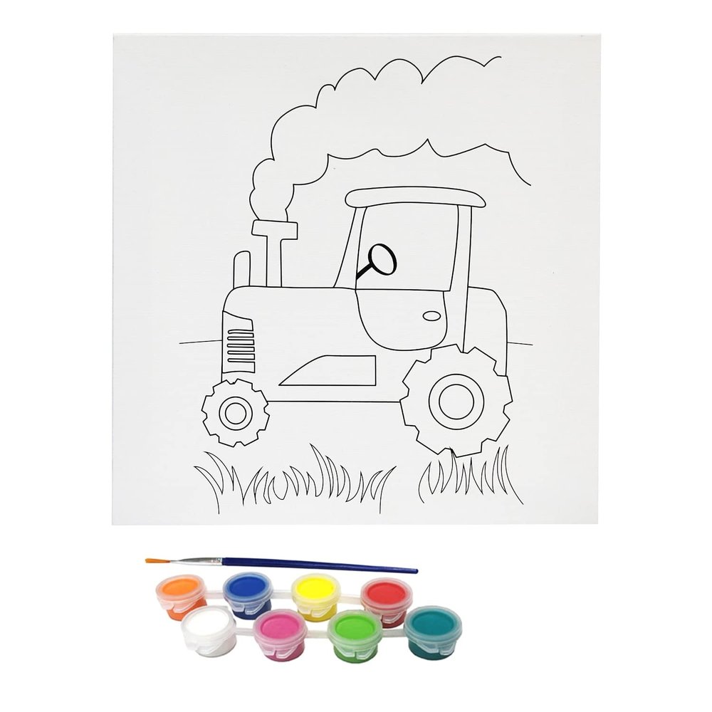 Misco Toys Canvas Paint Party Kits, 11 piece Art kit Pre-Drawn Outline Canvas for Paint and Sip 8 Colors and Brush Included, Great Gift for Kids 4+ and Adults Too! (Tractor)