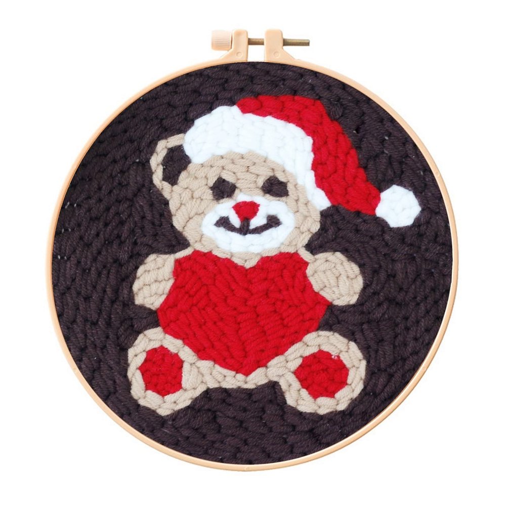 Feltsky Christmas Bear Punch Needle Kit for Beginners, Including 8 INCH Hoop, Pattern, Cotton Threads, Punch Needles, Needle Threader, Instruction