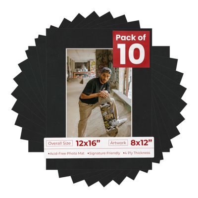 Poster Palooza Pack of TEN 12x16 Mats Bevel Cut for 8x12 Photos - Acid Free Black Suede Precut Matboards For Pictures, Photos, Framing - 4-ply Thickness