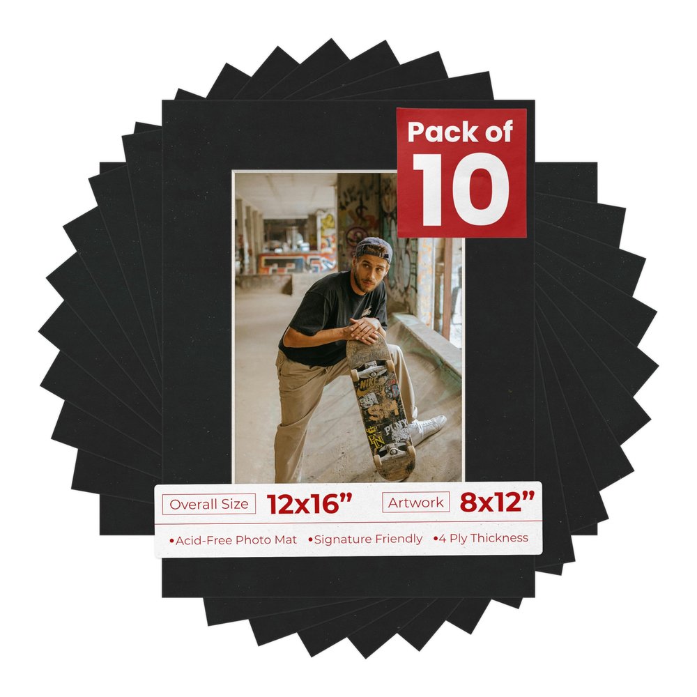 Poster Palooza Pack of TEN 12x16 Mats Bevel Cut for 8x12 Photos - Acid Free Black Suede Precut Matboards For Pictures, Photos, Framing - 4-ply Thickness