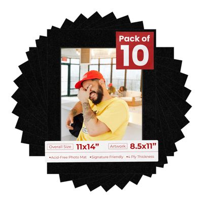 Poster Palooza Pack of TEN 11x14 Mats Bevel Cut for 8.5x11 Photos - Acid Free Black with Black Core Precut Matboards For Pictures, Photos, Framing - 4-ply Thickness
