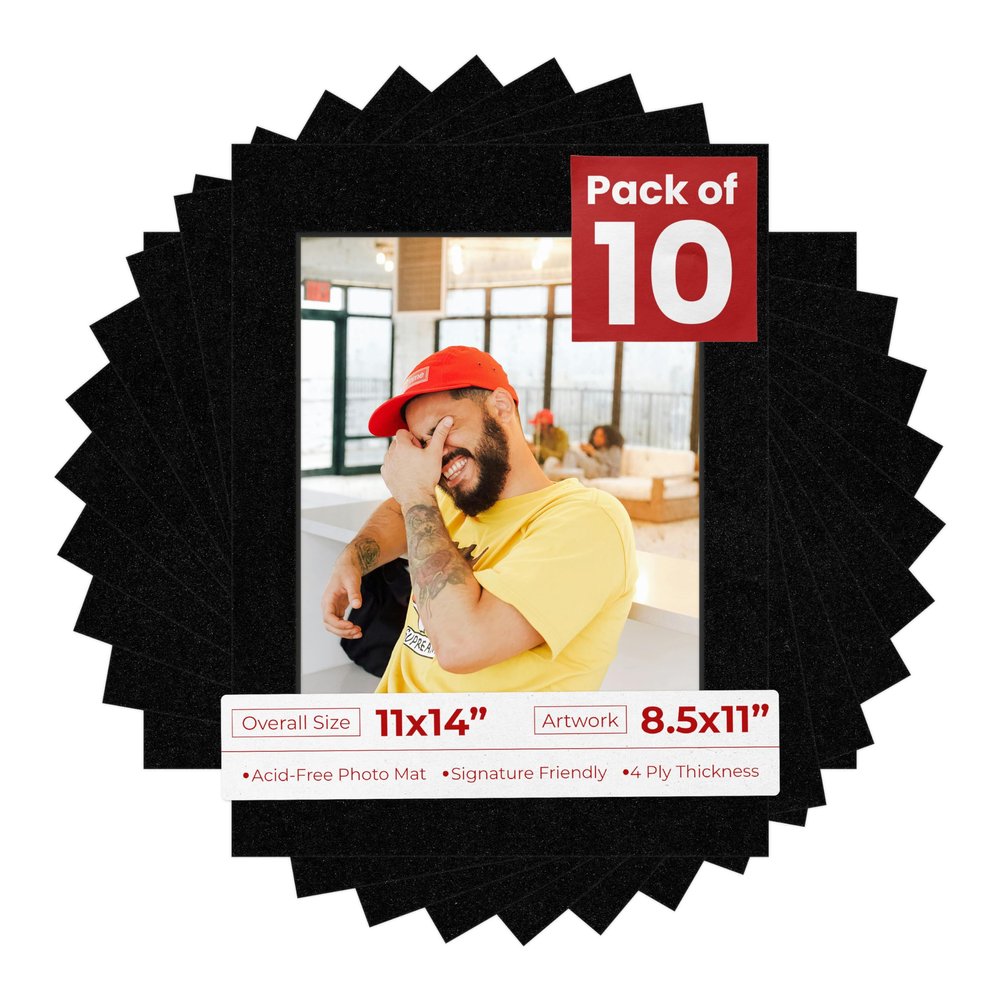 Poster Palooza Pack of TEN 11x14 Mats Bevel Cut for 8.5x11 Photos - Acid Free Black with Black Core Precut Matboards For Pictures, Photos, Framing - 4-ply Thickness