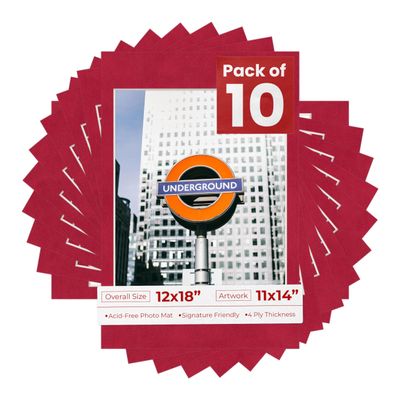 Pack of Ten Acid Free 12x18 Mats Bevel Cut for 11x14 Photos - Bright Red Suede Precut Matboards With Backing Boards and Self Seal Photo Mat Bags For Pictures, Photos, Framing - 4-ply Thickness
