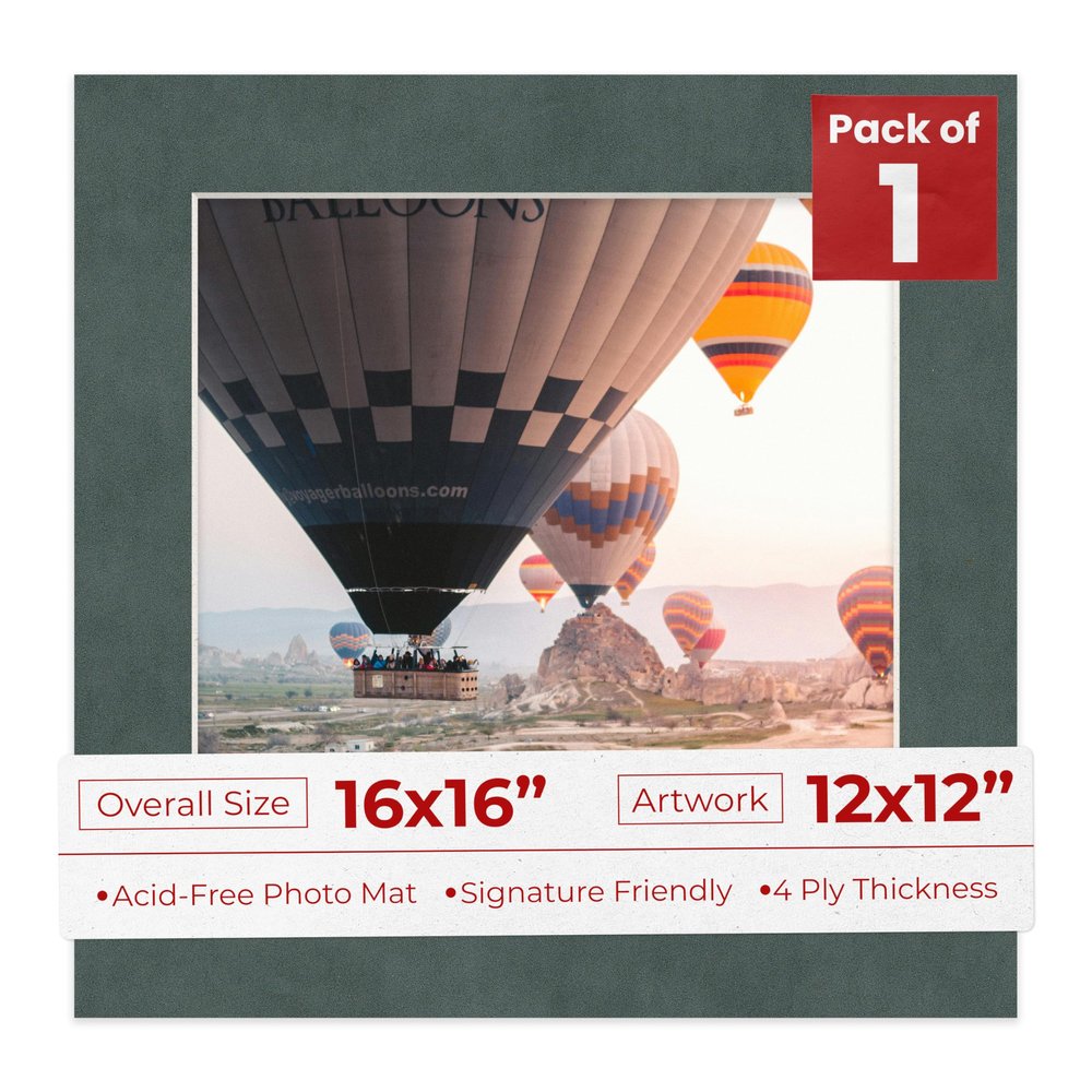 16x16 Mat Bevel Cut for 12x12 Photos - Acid Free Dark Grey Suede Precut Matboard With Backing Board and Crystal Clear, Self Seal Photo Mat Bag - For Pictures, Photos, Framing - 4-ply Thickness