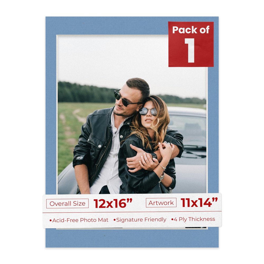 12x16 Mat Bevel Cut for 11x14 Photos - Acid Free Brittany Blue Precut Matboard With Backing Board and Crystal Clear, Self Seal Photo Mat Bag - For Pictures, Photos, Framing - 4-ply Thickness