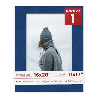16x20 Mat Bevel Cut for 11x17 Photos - Acid Free Brooke Blue Suede Precut Matboard With Backing Board and Crystal Clear, Self Seal Photo Mat Bag - For Pictures, Photos, Framing - 4-ply Thickness