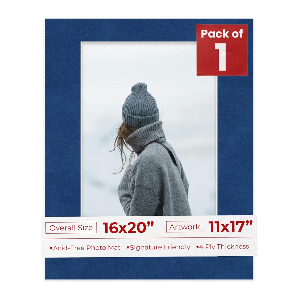 16x20 Mat Bevel Cut for 11x17 Photos - Acid Free Brooke Blue Suede Precut Matboard With Backing Board and Crystal Clear, Self Seal Photo Mat Bag - For Pictures, Photos, Framing - 4-ply Thickness