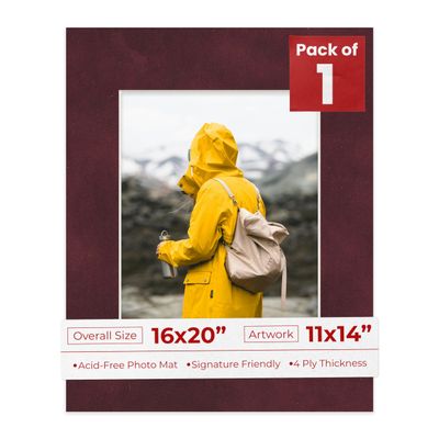 16x20 Mat Bevel Cut for 11x14 Photos - Acid Free Dark Red Suede Precut Matboard With Backing Board and Crystal Clear, Self Seal Photo Mat Bag - For Pictures, Photos, Framing - 4-ply Thickness