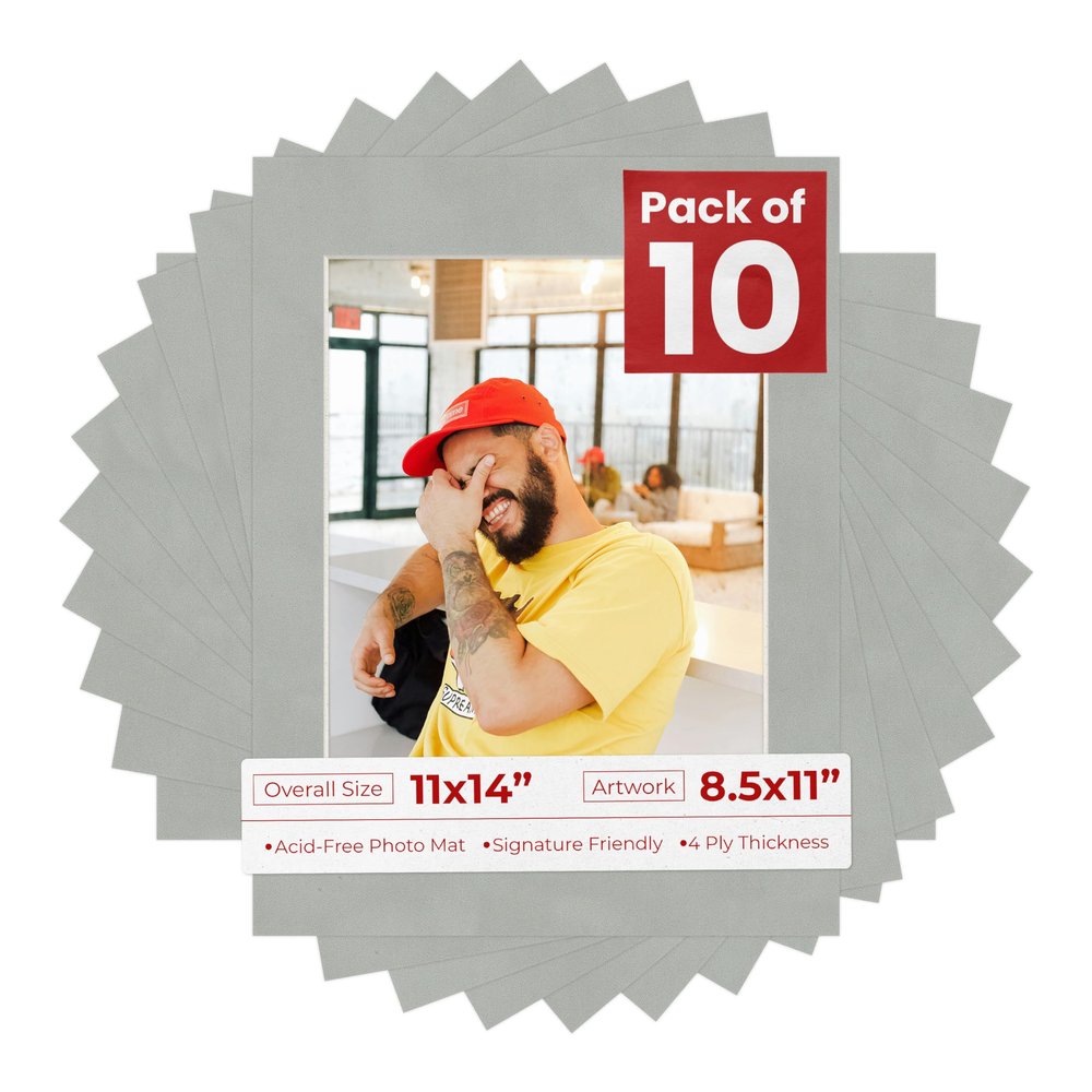 Poster Palooza Pack of TEN 11x14 Mats Bevel Cut for 8.5x11 Photos - Acid Free Light Grey Suede Precut Matboards For Pictures, Photos, Framing - 4-ply Thickness