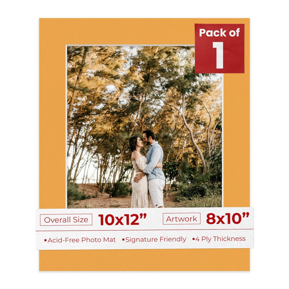 10x12 Mat Bevel Cut for 8x10 Photos - Acid Free Golden Orange Precut Matboard With Backing Board and Crystal Clear, Self Seal Mat Bag - For Pictures, Framing - 4-ply Thickness