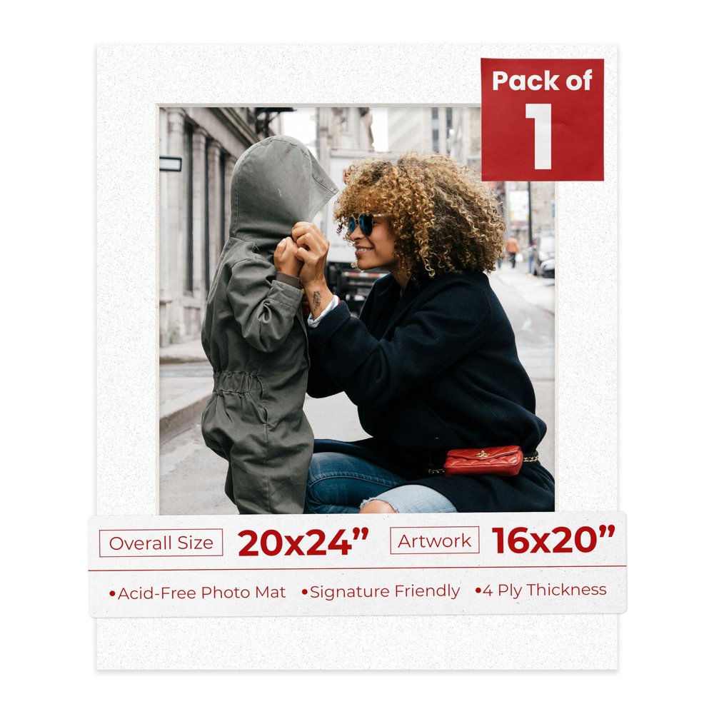 20x24 Mat Bevel Cut for 16x20 Photos - Acid Free Oyster Shell White Precut Matboard With Backing Board and Crystal Clear, Self Seal Photo Mat Bag - For Pictures, Photos, Framing - 4-ply Thickness