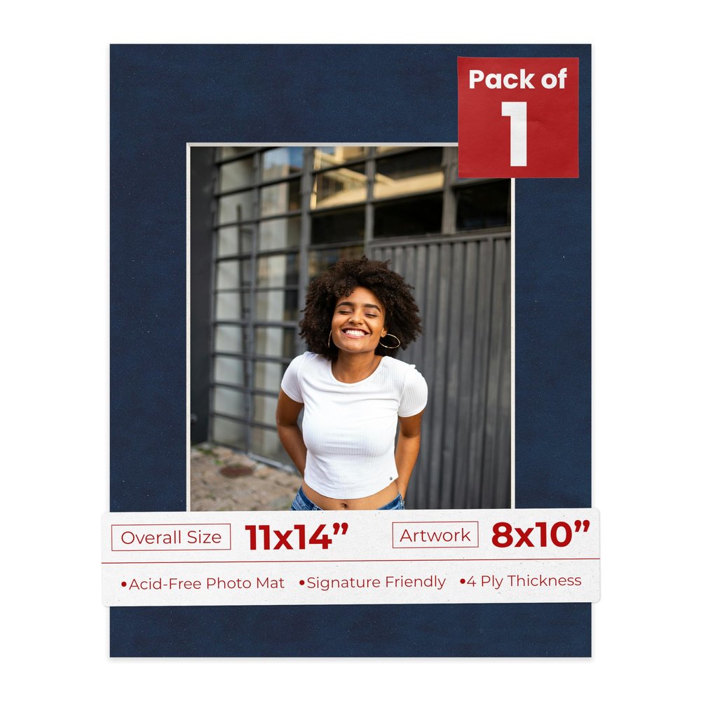 11x14 Mat Bevel Cut for 8x10 Photos - Acid Free Navy Suede Precut Matboard With Backing Board and Crystal Clear, Self Seal Photo Mat Bag - For Pictures, Photos, Framing - 4-ply Thickness
