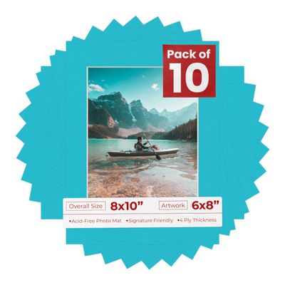 Poster Palooza Pack of TEN 8x10 Mats Bevel Cut for 6x8 Photos - Acid Free Aquamarine Blue Precut Matboards For Pictures, Photos, Framing - 4-ply Thickness