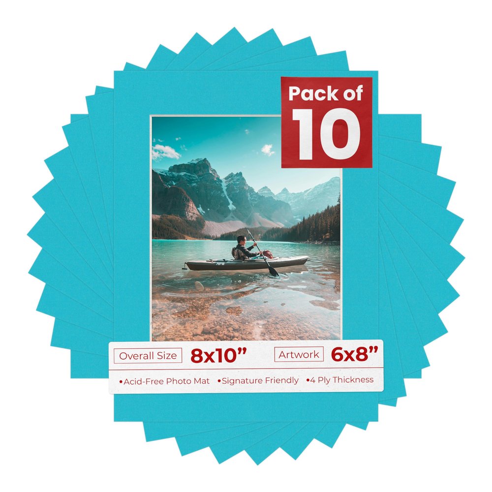 Poster Palooza Pack of TEN 8x10 Mats Bevel Cut for 6x8 Photos - Acid Free Aquamarine Blue Precut Matboards For Pictures, Photos, Framing - 4-ply Thickness