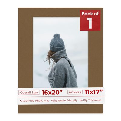 16x20 Mat Bevel Cut for 11x17 Photos - Acid Free Aged Oak Brown Precut Matboard With Backing Board and Crystal Clear, Self Seal Mat Bag - For Pictures, Framing - 4-ply Thickness