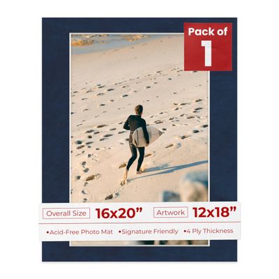 16x20 Mat Bevel Cut for 12x18 Photos - Acid Free Navy Suede Precut Matboard With Backing Board and Crystal Clear, Self Seal Photo Mat Bag - For Pictures, Photos, Framing - 4-ply Thickness