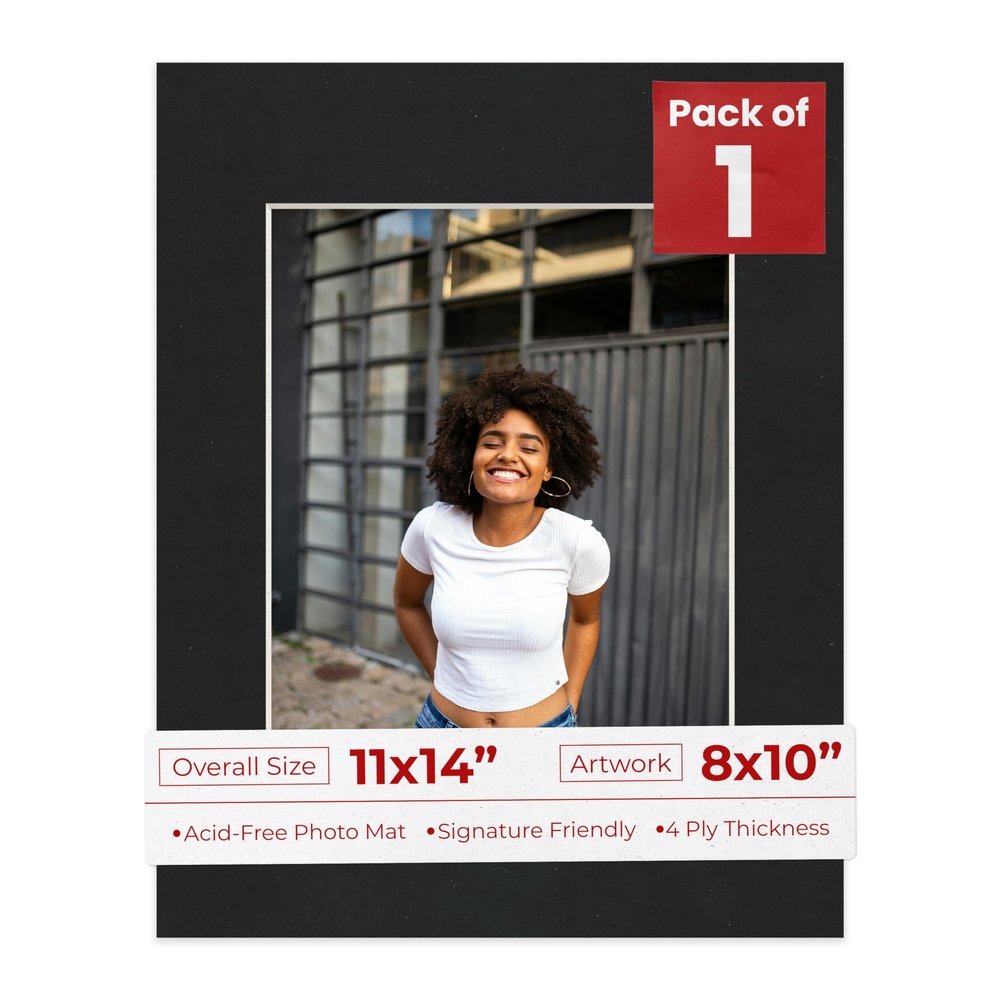 11x14 Mat Bevel Cut for 8x10 Photos - Acid Free Black Suede Precut Matboard With Backing Board and Crystal Clear, Self Seal Photo Mat Bag - For Pictures, Photos, Framing - 4-ply Thickness