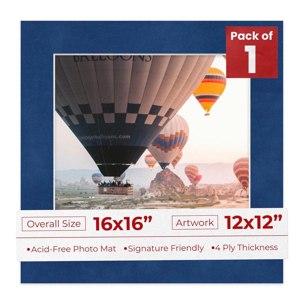 16x16 Mat Bevel Cut for 12x12 Photos - Acid Free Brooke Blue Suede Precut Matboard With Backing Board and Crystal Clear, Self Seal Photo Mat Bag - For Pictures, Photos, Framing - 4-ply Thickness