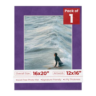 16x20 Mat Bevel Cut for 12x16 Photos - Acid Free Purple Crocus Suede Precut Matboard With Backing Board and Crystal Clear, Self Seal Photo Mat Bag - For Pictures, Photos, Framing - 4-ply Thickness