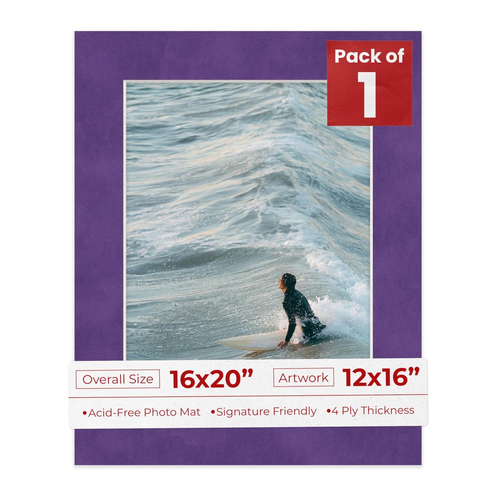 16x20 Mat Bevel Cut for 12x16 Photos - Acid Free Purple Crocus Suede Precut Matboard With Backing Board and Crystal Clear, Self Seal Photo Mat Bag - For Pictures, Photos, Framing - 4-ply Thickness