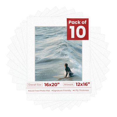 Poster Palooza Pack of TEN 16x20 Mats Bevel Cut for 12x16 Photos - Acid Free Oyster Shell White Precut Matboards For Pictures, Photos, Framing - 4-ply Thickness