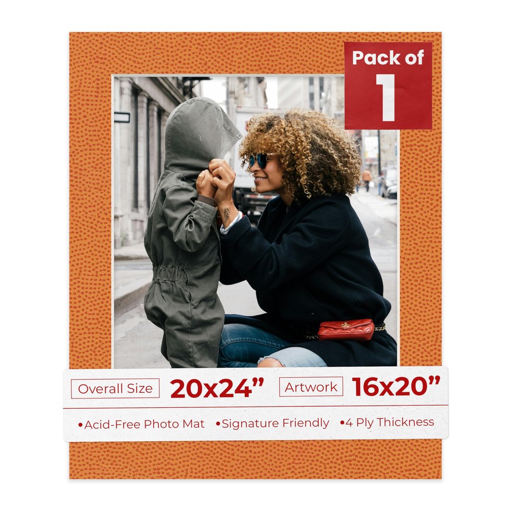20x24 Mat Bevel Cut for 16x20 Photos - Acid Free Basketball Texture Precut Matboard With Backing Board and Crystal Clear, Self Seal Photo Mat Bag - For Pictures, Photos, Framing - 4-ply Thickness