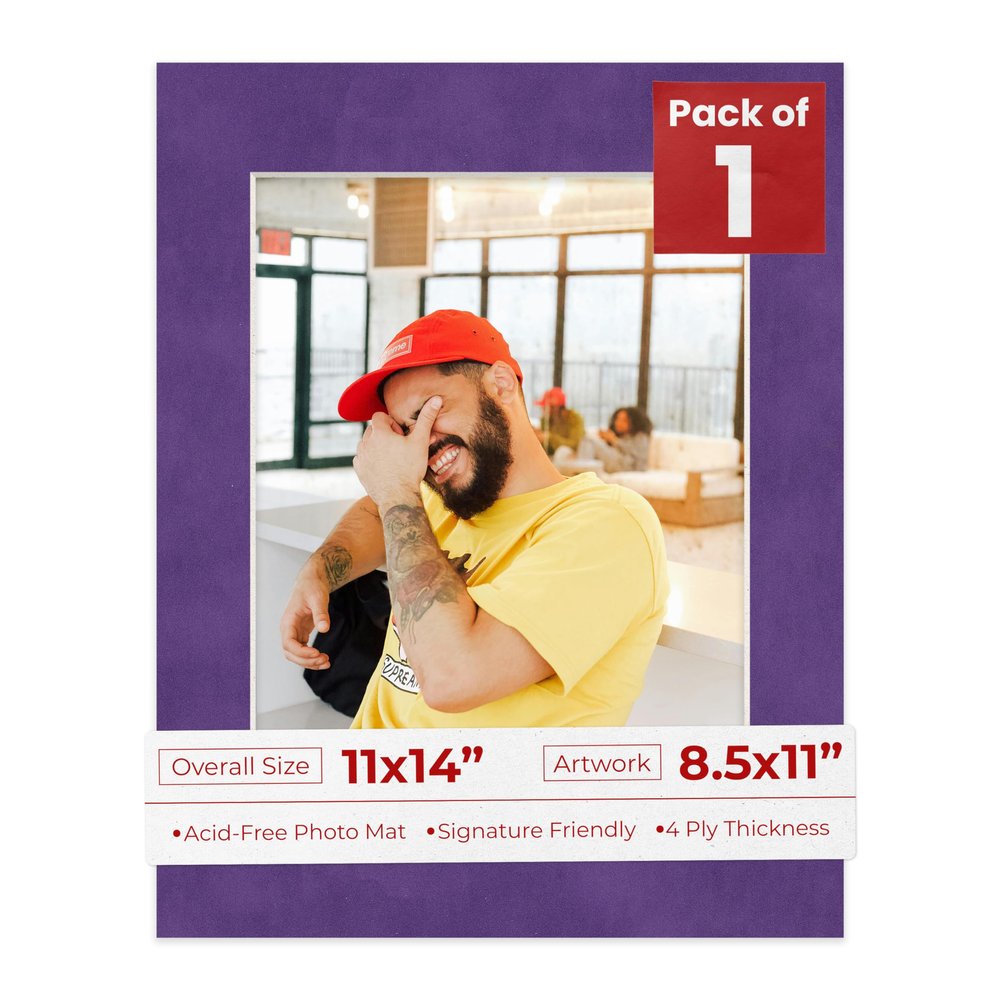 11x14 Mat Bevel Cut for 8.5x11 Photos - Acid Free Purple Crocus Suede Precut Matboard With Backing Board and Crystal Clear, Self Seal Mat Bag - For Pictures, Framing - 4-ply Thickness