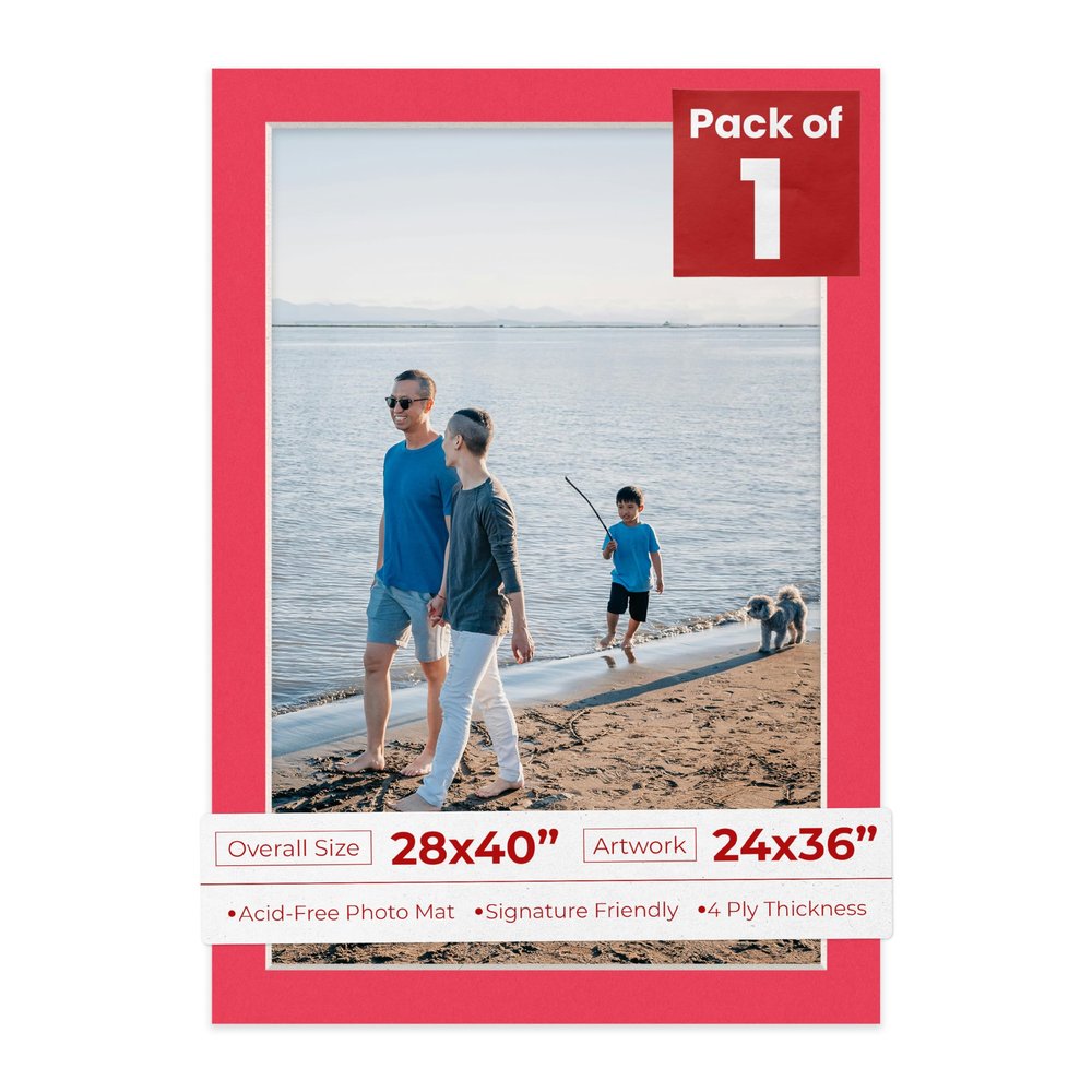 28x40 Mat Bevel Cut for 24x36 Photos - Acid Free Cardinal Red Precut Matboard With Backing Board and Crystal Clear, Self Seal Photo Mat Bag - For Pictures, Photos, Framing - 4-ply Thickness