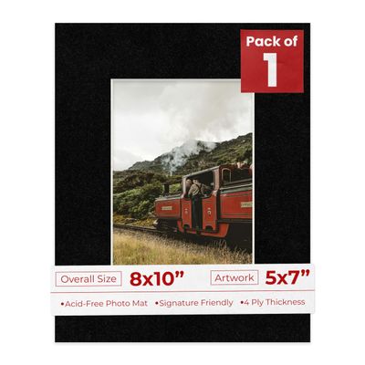 8x10 Mat Bevel Cut for 5x7 Photos - Acid Free Black with Black Core Precut Matboard With Backing Board and Crystal Clear, Self Seal Photo Mat Bag - For Pictures, Photos, Framing - 4-ply Thickness