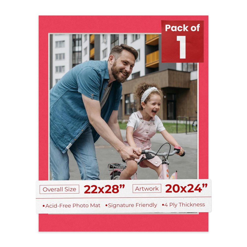 22x28 Mat Bevel Cut for 20x24 Photos - Acid Free Cardinal Red Precut Matboard With Backing Board and Crystal Clear, Self Seal Photo Mat Bag - For Pictures, Photos, Framing - 4-ply Thickness
