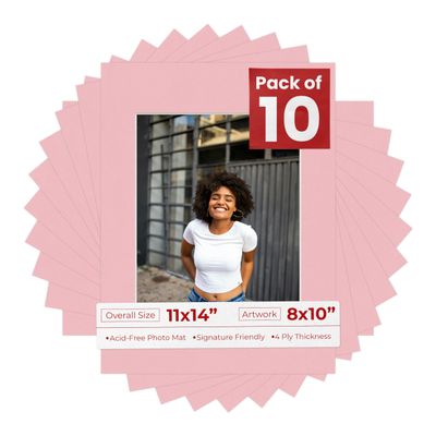 Poster Palooza Pack of Ten Acid Free 11x14 Mats Bevel Cut for 8x10 Photos - Pink Precut Matboards with Backing Boards and Self Seal Photo Mat Bags for Pictures, Photos, Framing - 4-ply Thickness