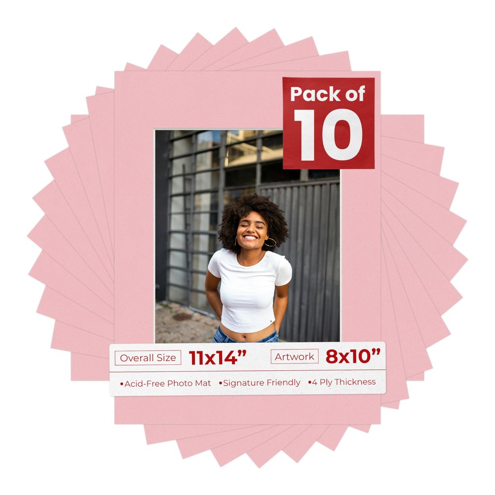 Poster Palooza Pack of Ten Acid Free 11x14 Mats Bevel Cut for 8x10 Photos - Pink Precut Matboards with Backing Boards and Self Seal Photo Mat Bags for Pictures, Photos, Framing - 4-ply Thickness
