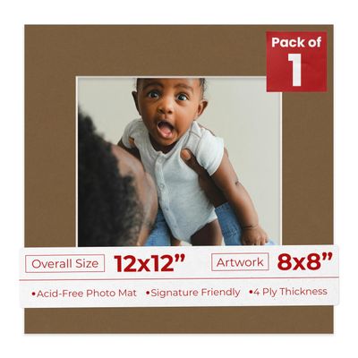 Poster Palooza 12x12 Mat Bevel Cut for 8x8 Photos - Acid Free Aged Oak Brown Precut Matboard - For Pictures, Photos, Framing - 4-ply Thickness