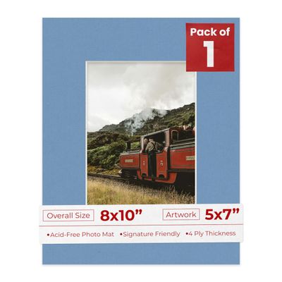 8x10 Mat Bevel Cut for 5x7 Photos - Acid Free Brittany Blue Precut Matboard With Backing Board and Crystal Clear, Self Seal Photo Mat Bag - For Pictures, Photos, Framing - 4-ply Thickness