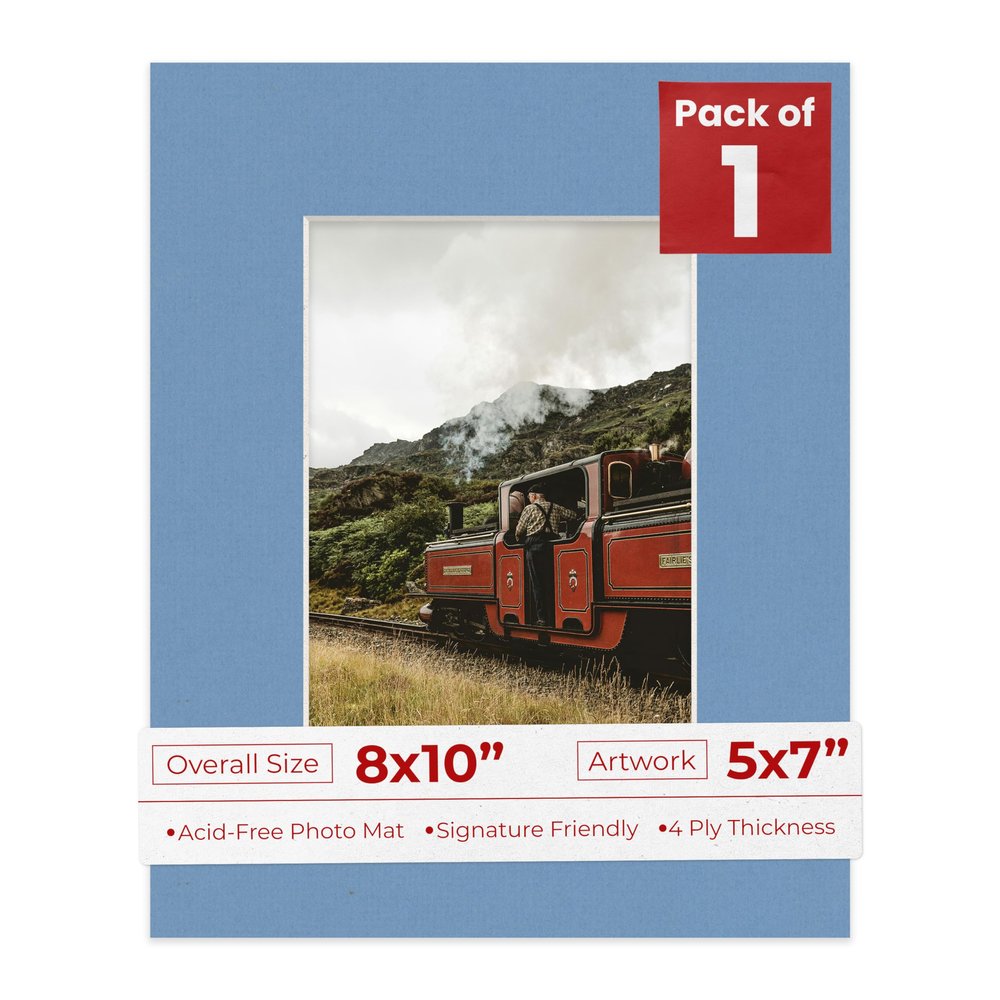 8x10 Mat Bevel Cut for 5x7 Photos - Acid Free Brittany Blue Precut Matboard With Backing Board and Crystal Clear, Self Seal Photo Mat Bag - For Pictures, Photos, Framing - 4-ply Thickness