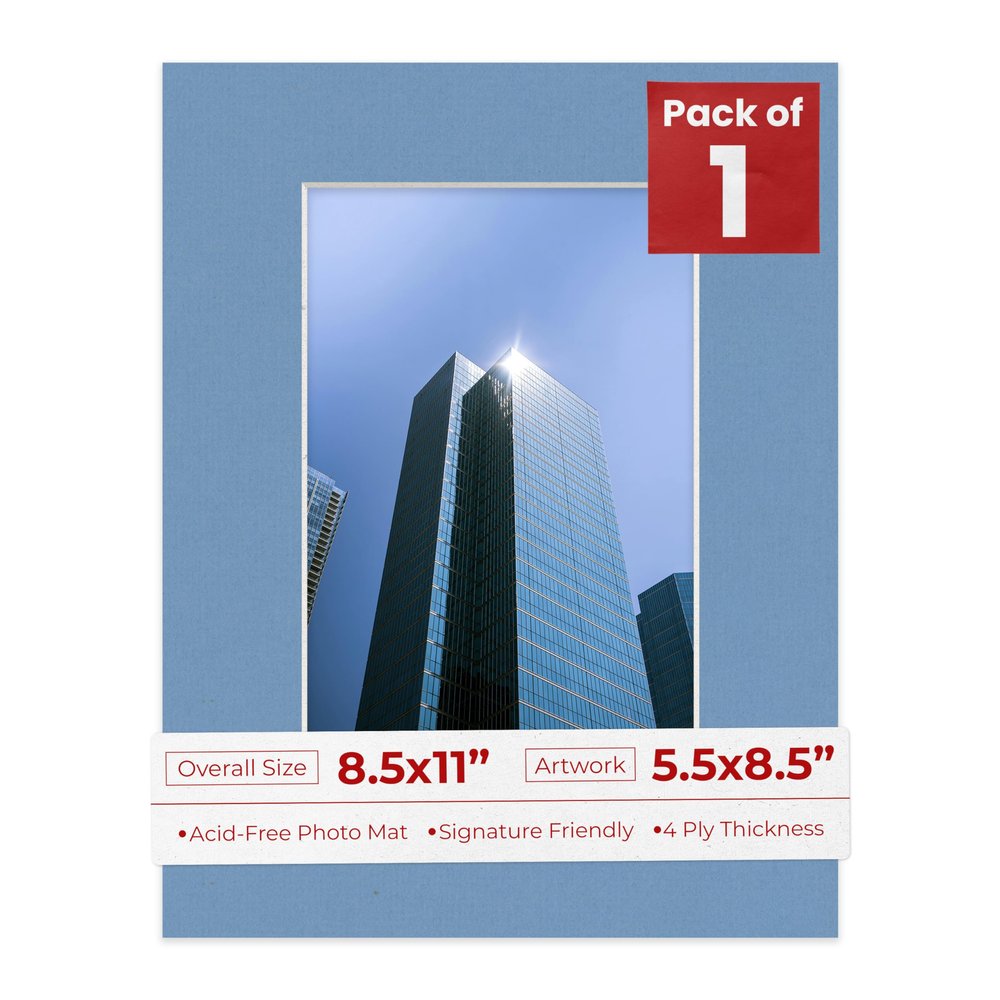 8.5x11 Mat Bevel Cut for 5.5x8.5 Photos - Acid Free Brittany Blue Precut Matboard With Backing Board and Crystal Clear, Self Seal Photo Mat Bag - For Pictures, Photos, Framing - 4-ply Thickness