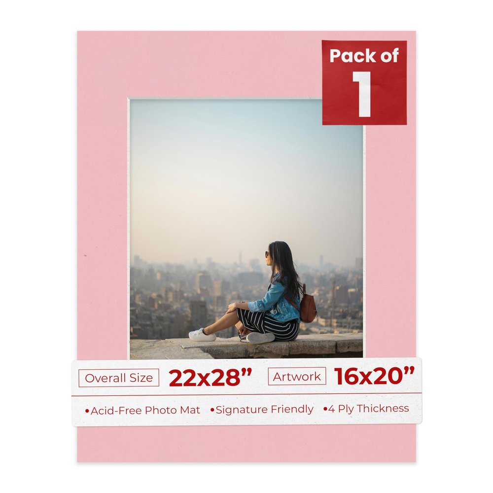 Poster Palooza 22x28 Mat Bevel Cut for 16x20 Photos - Acid Free Pink Precut Matboard - For Pictures, Photos, Framing - 4-ply Thickness