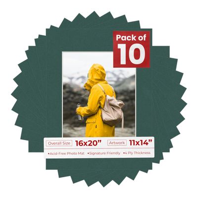 Poster Palooza Pack of TEN 16x20 Mats Bevel Cut for 11x14 Photos - Acid Free Forest Green Precut Matboards For Pictures, Photos, Framing - 4-ply Thickness