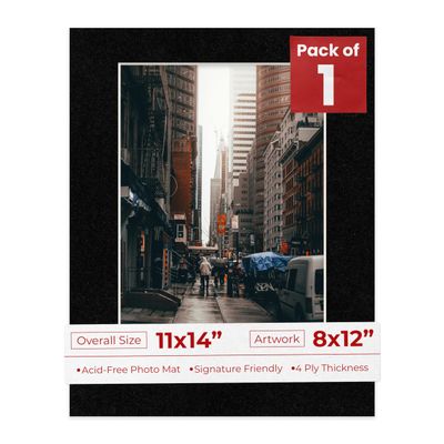 11x14 Mat Bevel Cut for 8x12 Photos - Acid Free Black with Black Core Precut Matboard With Backing Board and Crystal Clear, Self Seal Photo Mat Bag - For Pictures, Photos, Framing - 4-ply Thickness