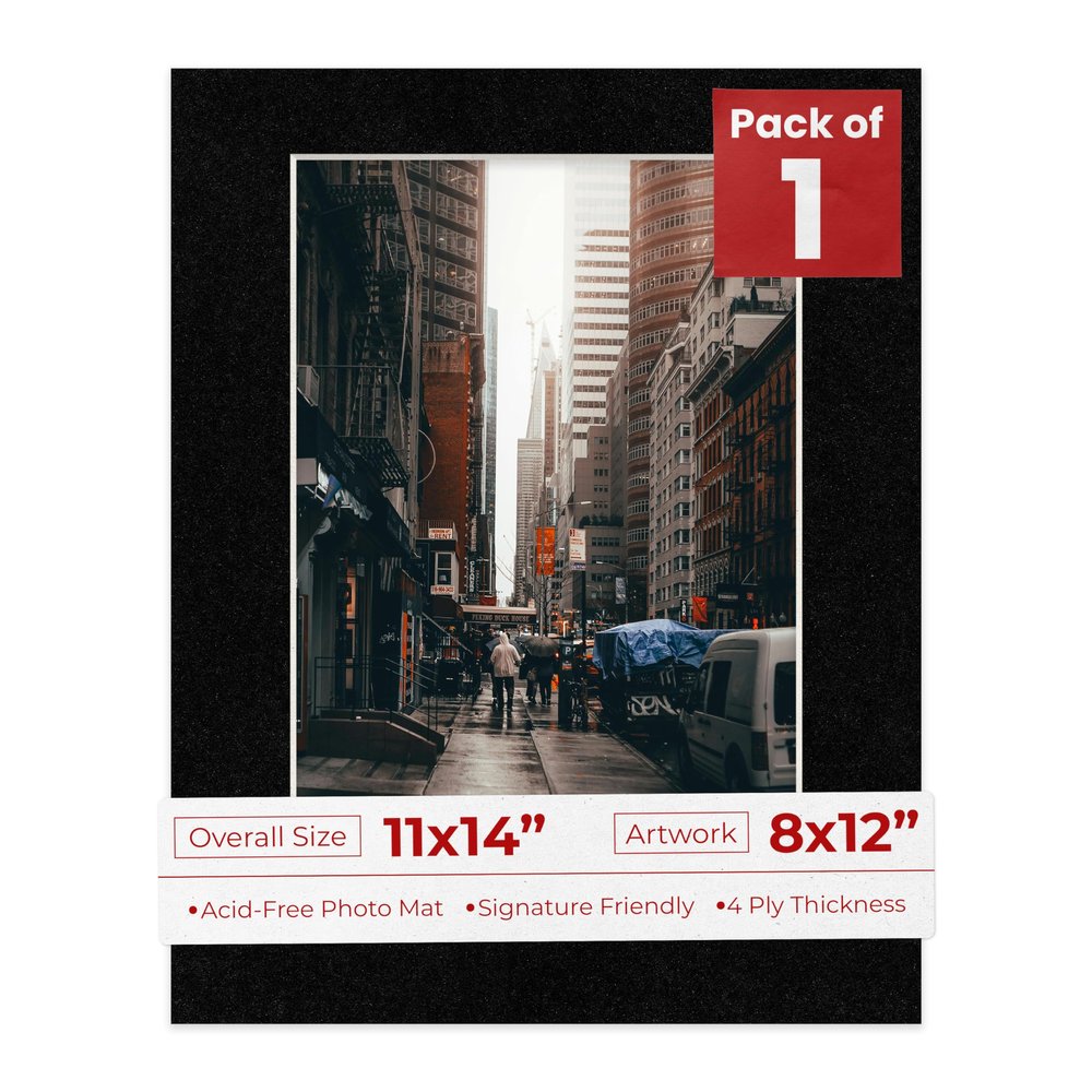 11x14 Mat Bevel Cut for 8x12 Photos - Acid Free Black with Black Core Precut Matboard With Backing Board and Crystal Clear, Self Seal Photo Mat Bag - For Pictures, Photos, Framing - 4-ply Thickness