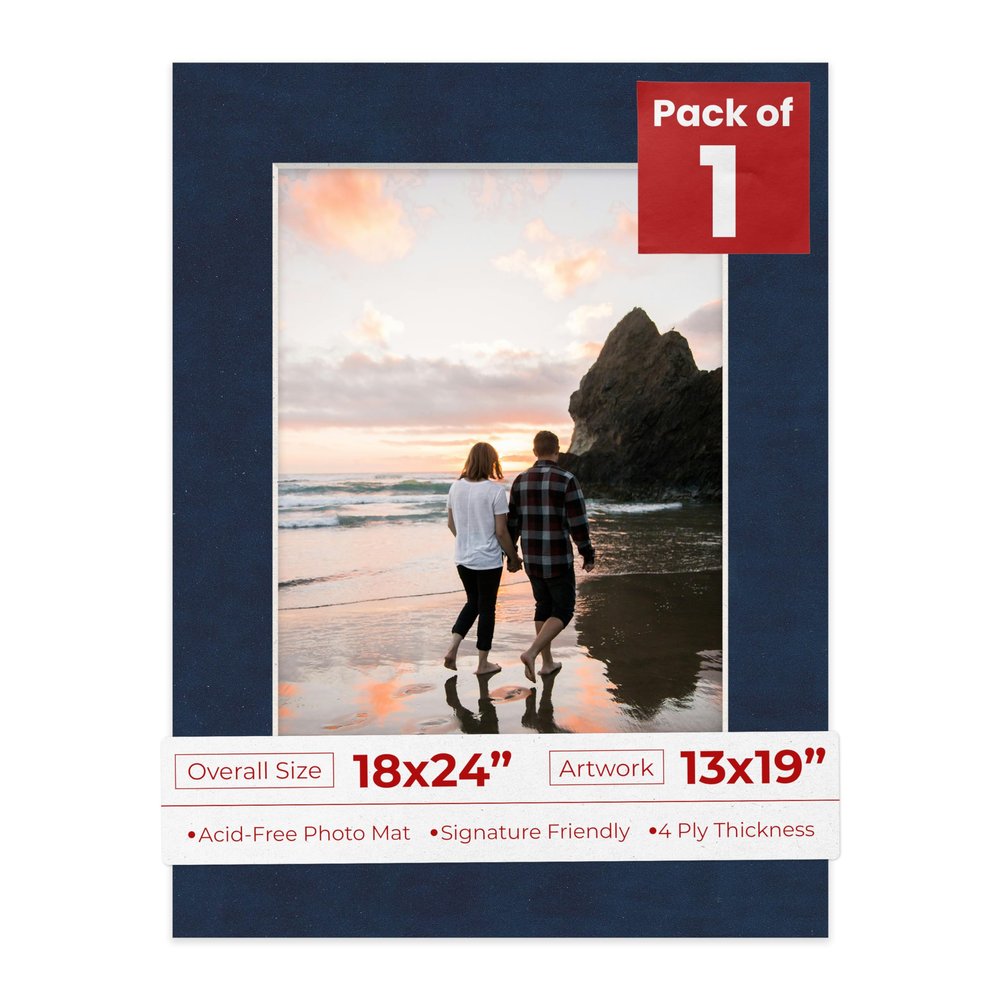 18x24 Mat Bevel Cut for 13x19 Photos - Acid Free Navy Suede Precut Matboard With Backing Board and Crystal Clear, Self Seal Photo Mat Bag - For Pictures, Photos, Framing - 4-ply Thickness