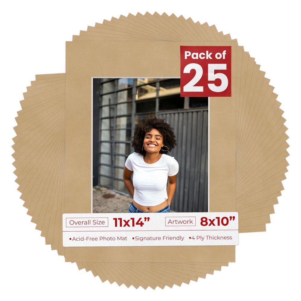 Poster Palooza Pack of 25 Acid Free 11x14 Mats Bevel Cut for 8x10 Photos - Beige Suede Precut Matboards for Pictures, Photos, Framing - 4-ply Thickness